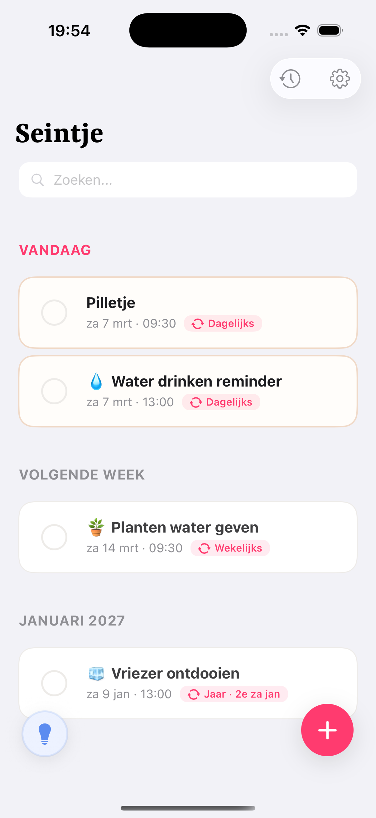 Seintje app — hoofdscherm met herinneringen
